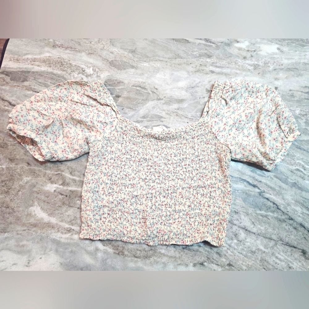 Sophie Rue Smocked Floral Puff Sleeve Crop Top Size M